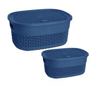 (Set of 2) - Oval Plastic Storage Basket with Lid 4L/14L Litre Storage Box Stackable Organiser For Makeup Storage Kitchen Bathroom Toy Box Desktop Shelves Cupboards (Blue)