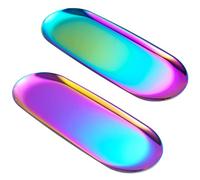 Set of 2 Oval Stainless Steel Tray - Mirror-Polished, Vacuum-Coated, Fade-Resistant, Jewelry & Perfume Storage, Bathroom Organizer, Coffee Table Tray, Candle Display, 23cm x 9.5cm, Aurora Iridescent