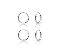 Set of 2 Pairs 925 Sterling Silver Small Hoop Earrings - Small Huggies Hoops for Women & Men - Hypoallergenic Sleeper Hoops for Cartilage, Helix, Lobe or Second Piercing - 10 mm - Thin Hoop 1.2mm