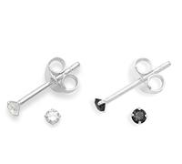 Set of 2 PAIRS Sterling Silver Cubic Zirconia stud Earrings - SIZE: TINY 2mm - Very Small & discreet - Jet Cubic Zirconia & Clear - Gift Boxed 5549BKZ