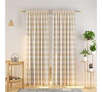 Set of 2 Panels 108 Inch Checked Window Curtain with Rod Loop Country Style Room Divider for Living Room Bedroom Sliding Glass Doors, Beige and White