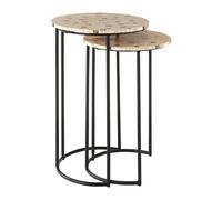 Orsina Set Of 2 Pearl Side Nesting Tables, Round Top Tables With Black Iron Legs, Couch Side Tables For Living Room