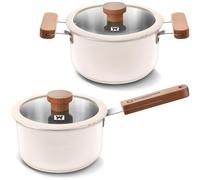 Set of 2 Piece Ceramic Coated Stainless Steel Cookware Set with Tempered Glass Lid & Wooden Handles, 3-Ply Base with Aluminum Core, All Cooktops, Beige Color Stock Pot + Saucepan
