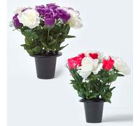 HOMESCAPES Set of 2 Artificial Grave Vases White Pink & Purple Rose Grave Flowers in Black Pot, 30 cm