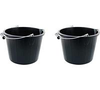 Set Of 2 - Plastic Builders Black Bucket 3 Gallon 14 Litre Water Mixing Storage Strong with Measuring Guide, Handle And Spout.