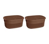 [Set of 2] Plastic ETC Storage Basket with Lid - Small Oval Knit Design Box with Integrated Handle - Stackable & Nestable Utility Container for Home, Kitchen & Office Use (4 Litre)