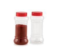Set of 2 Plastic Flip Lid Sprinkler Bottles 250ml Clear Spice Dispenser Jars with Red Dual Flip Cap - Multi-Hole & Spoon Hole Shaker for Sugar, Herbs, Seasonings, Salt, Pepper, Condiments