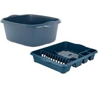 Set of 2 Plastic Rectangular Washing Up Bowl & Large Dish Drainer Rack - Kitchen Sink Organiser Plate Holder with Cutlery Holder for Countertop