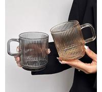 Set of 2,Premium Glass Coffee Mugs with Vertical Stripes, Tea Glasses for Hot/Cold Beverages, Perfect Design for Americano,Cappuccino,Latte or Tea and Beverage, 340ml (Grey- Amber)