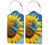 Set of 2 Pretty Sunflower Luggage Tags with Blue Butterfly Pattern, Yellow Flower Leather Suitcase Tag Privacy Name ID Card Travel Bag Labels with Stainless Steel Loop Birthday Gifts for Women Girls