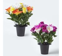 Set of 2 Purple, Orange & White Roses & Peonies Artificial Flowers in Grave Vases