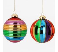 Set of 2 Rainbow Glass Christmas Baubles 12cm - Handcrafted Multicolour Tree Decorations with Gold Glitter Accents - Premium Hanging Ornaments for Festive Holiday Decor