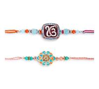 Set of 2 Rakhi for Brothers with Raksha Bandhan Greeting Card & Roli Chawal Tika | Premium Ek Onkar Rakhi for Brother | Fancy Designer Om Rakhi for Small Brother Bhaiya | Rakhi Thread TRBRK25013