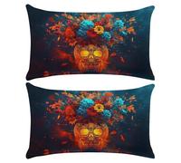 Set of 2 Rectangle Waterproof Cushion Covers, 12x20 inch Skull Flower Outdoor Throw Pillow Covers Soft Lumbar Cushions Home Decorative Pillowcase for Sofa, Couch, Bedroom, Living Room, Garden C-880