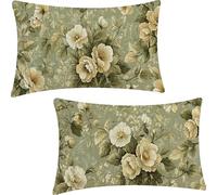 Set of 2 Rectangular Cushion Covers, Linen Throw Flowers Pillow Cases for Livingroom Sofa Outdoor, with Invisible Zipper, Green Outdoor Cushions Covers 60x80cm YF-2420