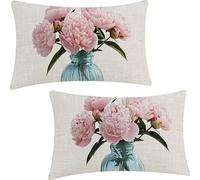 Set of 2 Rectangular Cushion Covers, Linen Throw Flowers Pillow Cases for Livingroom Sofa Outdoor, with Invisible Zipper, White Outdoor Cushions Covers 40x80cm YF-2182