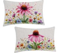 Set of 2 Rectangular Cushion Covers, Linen Throw White Pillow Cases for Livingroom Sofa Outdoor, with Invisible Zipper, Flowers Outdoor Cushions Covers 40x70cm YF-2172
