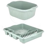 (Set of 2) Rectangular Washing Up Bowl and Large Dish Drainer Rack Plate Holder Kitchen Organiser (Plastic, Silver sage)