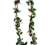 Set Of 2 Red Holly Berry And Green Leaf Garland - Total 2.6 Meters long Christmas Decoration