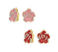 Set of 2 Red Pink Enamel Flower Crystal Edge Spring Retro Floral Rose Clip On Earrings For Women Non Pierced Ears Gold Plated