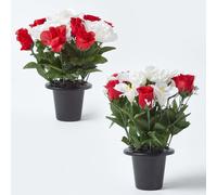 HOMESCAPES Set of 2 Artificial Grave Vases with Red & White Peony & Rose Faux Flowers Grave Flowers in Black Pot, 30 cm
