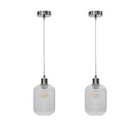 Set of 2 Ribbed Glass Ceiling Light Pendants with Chrome Details and Clear Cable, Height Adjustable 23-130cm, Kitchen Island Dining Lighting