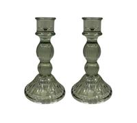 Set Of 2 Ribbed Glass Dinner Candle Holders - Vintage Green