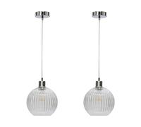 Set of 2 Ribbed Glass Globe Ceiling Light Pendants with Chrome Details and Clear Cable, Height Adjustable 23-130cm, Kitchen Island Dining Lighting