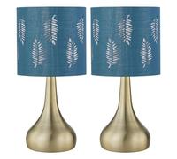 Set of 2 Romana - Antique Brass Touch Table Lamps Teal Fern Shade