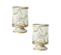 Set of 2 Rose Gold Candle Holders Glass Metal Star Design Whitewashed Finish Fits 6.5cm Candles Vintage Pedestal Tealight Votive Holders Home Décor