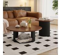Set of 2 Round Coffee Tables - Modern Farmhouse Solid Wood Center Tables with Storage for Living Room Bedroom Balcony & Yard - Walnut Finish 70cm/27.5in Minimalist Design