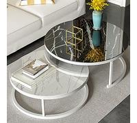 Set of 2 Round Glass Top Side Tables with Metal Frame for Living Room Decor - Modern Stackable End Tables for Sofa Side White Frame - 28in & 20in