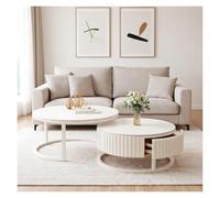 Set of 2 Round Nesting Coffee Tables White with Storage Modern Rock Slab Top Sturdy Metal Base Stylish Living Room Side Tables for Couch