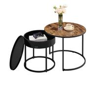 Set of 2 Round Side Tables, Rustic Brown + Ink Black