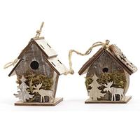 Set of 2 Rustic Shabby Chic Nordic Style Natural Wood & Bark Bird House Shaped Christmas Tree Decoration/Bauble - Reindeer Motifs - 7.5 cm