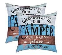 Set of 2 Rv Camper Decor Pillow Covers 18x18 Inch, Happy Camping Throw Pillow Covers for Sofa Living Room, Rustic Farmhouse Cushion Cases, Wooden Barn Door Decorative Square Pillow Casess, Blue Brown