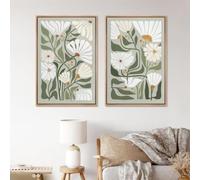 Set of 2 Sage Green Daisy Botanical Wall Prints, Neutral Boho Floral Canvas Posters, Unframed Minimalist Leaf and Flower Wall Art for Apartment Home Decor (40x60cm)