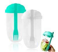 Set of 2 Salad Mugs with Fork, Box & Brush; Meal Shaker, Reusable, Portable Fruit and Vegetable Mug Container for Work, School, Camping (White, Green)