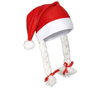 Set of 2 Santa Hat with Plaits & Ribbon Mrs Miss Santa Claus Xmas Fancy Dress Party Accessories Fun, Red