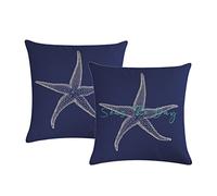 Set Of 2 Seas The Day Throw Pillow Cover Beach Starfish On Navy Blue Background Cushion Cover Coastal Sea Theme Home Decorative Pillowcases 18" x 18" for Sofa Couch Porch (18" x 18", Navy Blue)