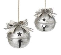 Set of 2 Silver Metal Round Bells Bauble Ornament Christmas Tree Decoration 9cm Round