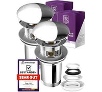 Set of 2 Sink Drain Fittings with Overflow Pop Up Valve Inserts for Washbasin - Chrome Drain Valve with 4 Replacement Brass Seals for Sink Drain Fitting M. ROSENFELD HOME