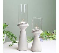 Set of 2- Small and Large Grey Hurricane Cement Concrete Tea Light Candle Holders Lantern with Glass Shade