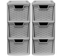 Set of 2 - Small Plastic Rattan 3 Drawer Mini Storage Tower Unit Home Office Desktop Table Top (Grey)