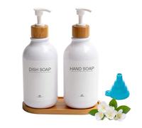 Set of 2 Soap Dispensers, 500 ml Washing-Up Liquid Dispenser, Bathroom Set with Tray and Waterproof Labels, Shampoo, Lotion, Hand Soap Dispenser for Bathroom and Kitchen (White)