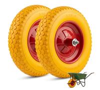 Set of 2 Solid Wheelbarrow Wheels 3.50-8 Diameter 350 mm PU Puncture Proof Studded Red Steel Rim Bearings and Pin