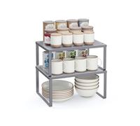 SONGMICS Set of 2 Cupboard Organisers, Kitchen Storage, Stackable, Expandable, Metal Counter Shelves, Silver KCS01SV