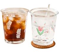 Set of 2 Stackable Drinking Glasses Flower Rabbit Glass Cups for Juice,Iced Coffee Latte,Milk,Tea,Cocktail,Whiskey,Dessert,Mixed Drinkware Glassware(purple pink)