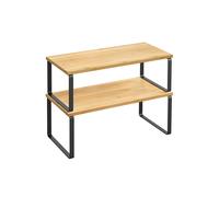 SONGMICS Spice Rack, Set of 2 Cupboard Shelf Organisers, Expandable Kitchen Shelf Organiser, Stackable Spice Holder, Metal and Engineered Wood, Ink Black and Natural Beige KCS200B01