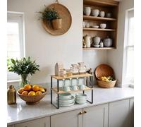 Set of 2 Stackable Kitchen Shelf Organisers, Engineered Wood, Ink Black+ Natural Beige